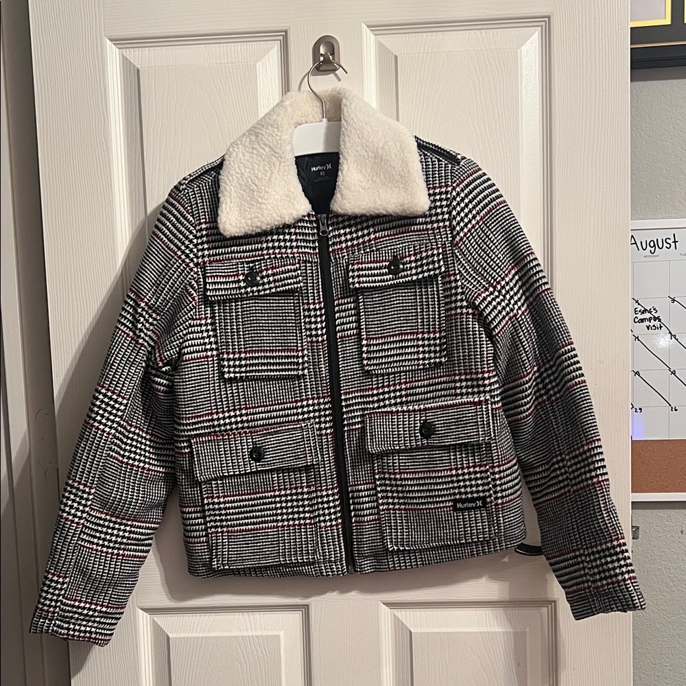 Hurley Black and White Plaid Jacket with Cream Collar